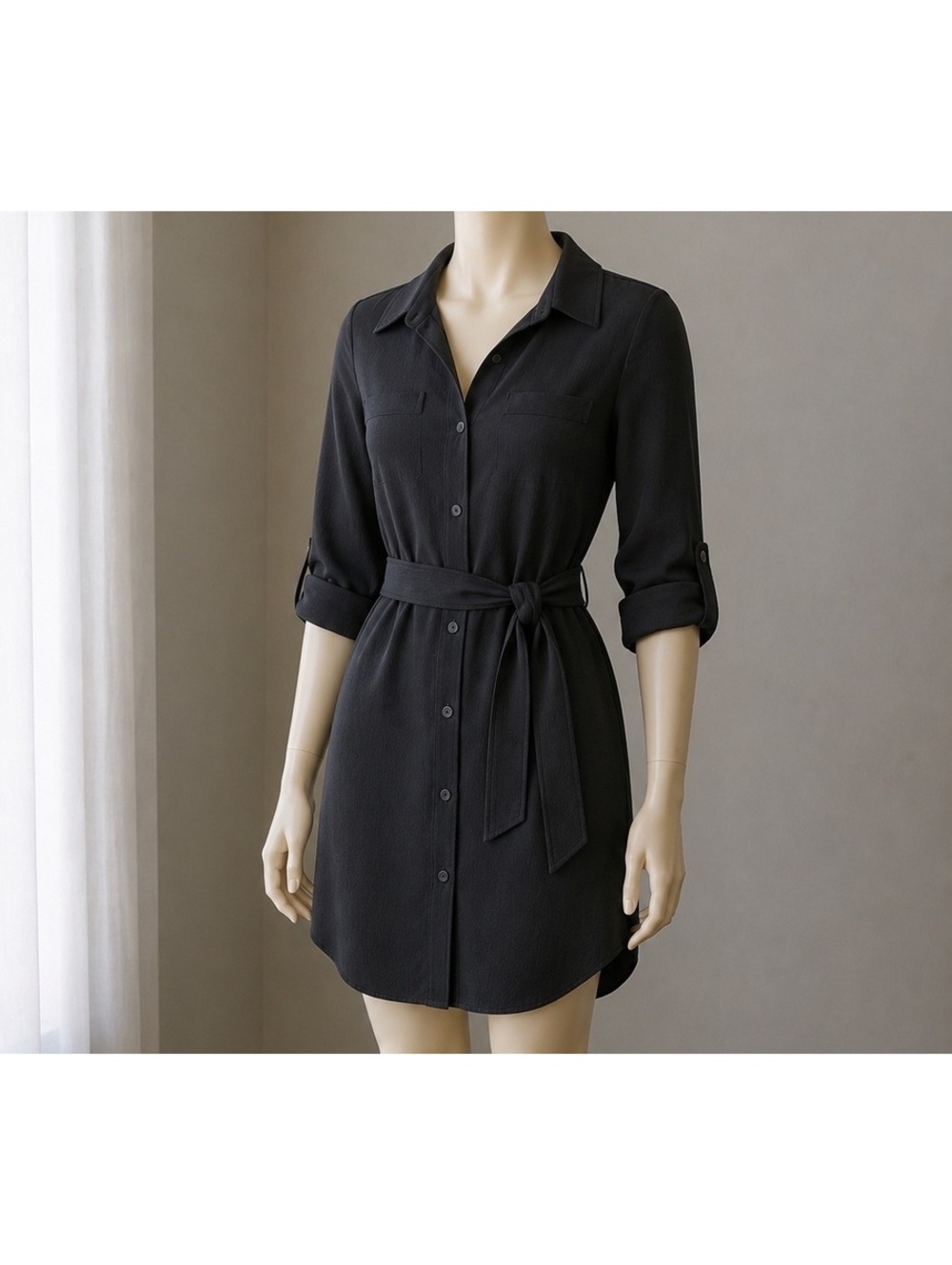 IZ Byer California Black Button Front Shirt Dress Small Belted Roll Tab Sleeve